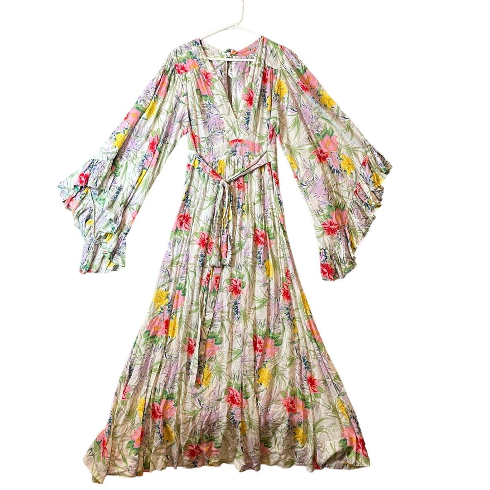 Indah White Tropical Maxi‎ Wide Sleeve Long Dress Size Small Summer Resort Wear